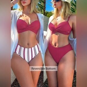 Cupshe Mid Rise Reversible Bottoms. Red White & Blue Swim Suit New With Tags